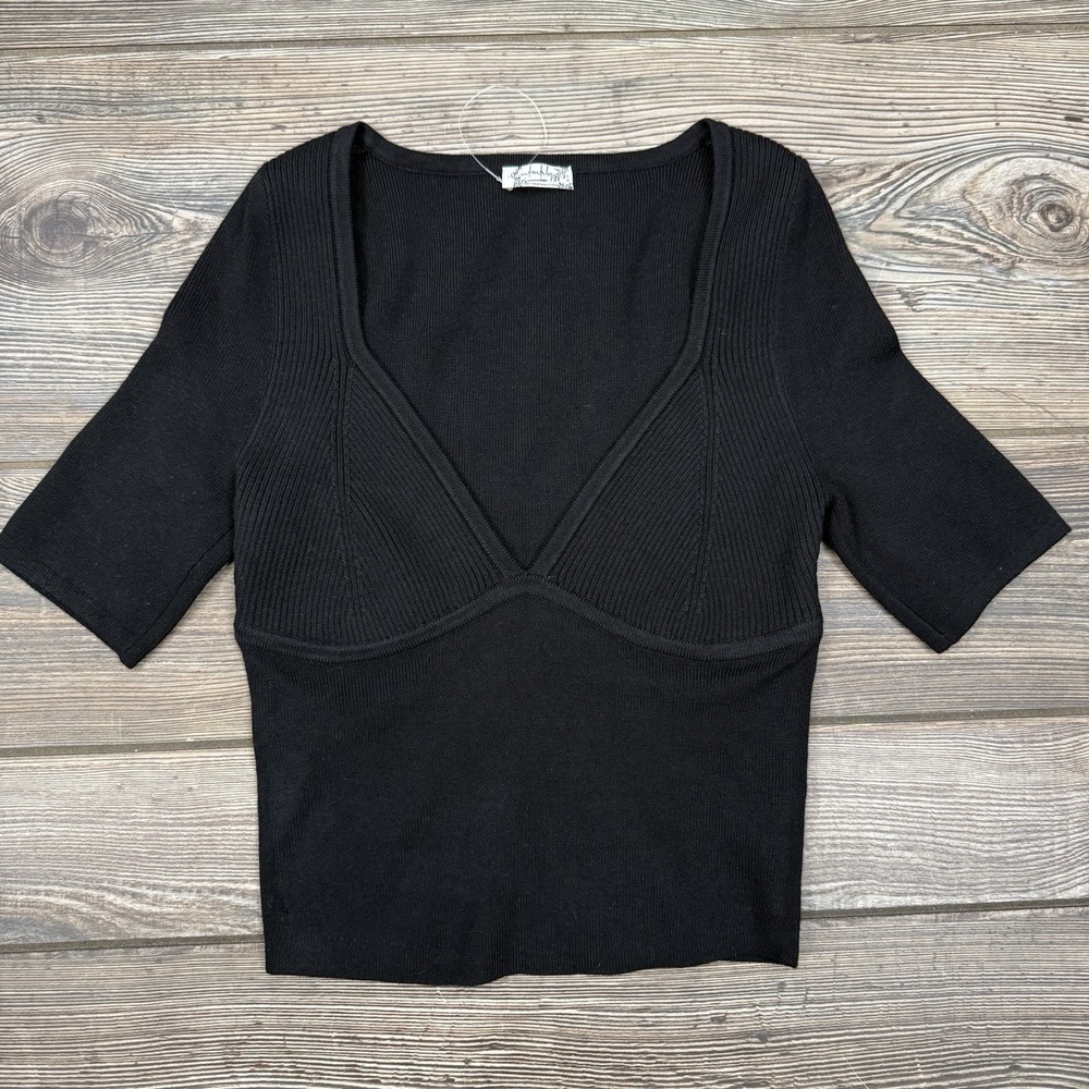 Free People Teagan Swit Top Women Size XS Short Sleeve Deep V Crop Black NEW - Picture 6 of 12